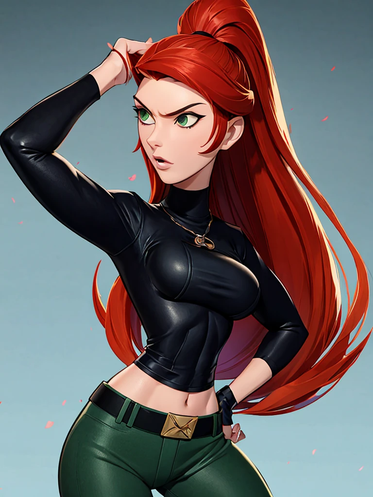 Redhead badass Kimpossible black turtleneck and green pants sexy and alluring mature woman sexy and alluring beautiful and lovely elegant spy badass and magnificent babe sparsely clothed toned abs and large breasts 