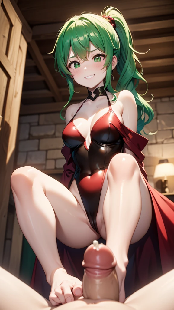 1boy and 1girl, Angle from the front、close up
breasts, Angle from below, The girl bends forward to show off her breasts、(shiny White skin:1.6)、Squint eyes, ((Narrowing his eyes and grinning with a devilish smile)), ( girl), (Shiny green hair)、 (ponytail)、(forehead)、((wavy hair)), Small breasts, ((Red off-shoulder leotard))、金のブレスレット、((In a medieval castle bedroom))、((footjob)), 1penis, under hair, scrotum、((eject cum)), (cum to breasts)、((Amazon Position)), (The boy has his legs open)、(The girl rapes the boy),