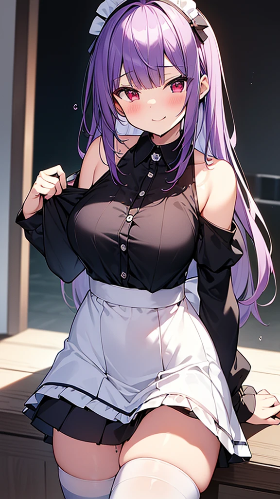 最high quality, high quality, Super detailed, 32k, Ultra-detailed details, Sister and maid, ( 立ってる, pretty girl, beautiful purple hair, ショートヘア, Beautiful RED eyes, Big Breasts, A light smile, Red eyes, Off-the-shoulder sleeveless Summer clothes, Summer casual maid clothes, Short skirt, Blue and white color striped underwear, Black knee socks, My crotch is wet with love juice, 18-year-old,cute), {{The succubus peels the skin off her sister's face, sticks it on her face, and seduces her by dressing her as a maid.}}, She has transformed from a shy maid into a lewd one., A maid with her sister's face stuck on her face is vigorously pistoning her body, A maid who moves her body vigorously without caring if her breasts bounce, Super detailed, Detailed sister photosが見える, Full body image, NSFW