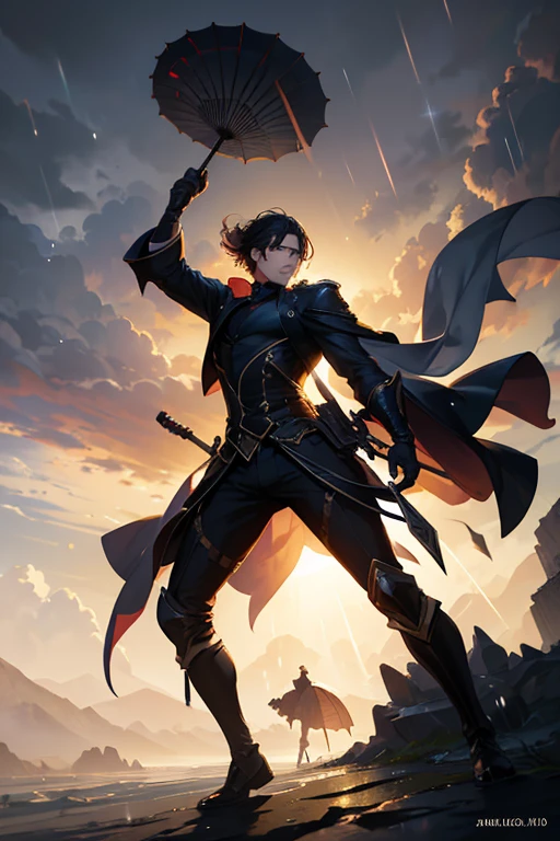 (Highest quality,8K,High resolution, masterpiece:1.2), Super detailed, High resolution, 超High resolution, Studio Lighting, Ultra-fine painting, Sharp focus, Physically Based Rendering, Very detailed explanation, Professional, Vibrant colors, Concept Artist, Warm color palette, Dramatic lighting,(Pouring rain), Men dancing with umbrellas, Blue sky between clouds, Rainbow in the sky, (Silhouette Art)