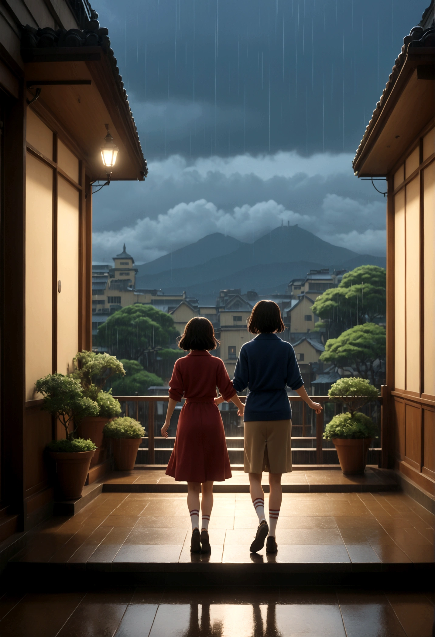 (Ghibli style, Dancing in the Rain), A couple is dancing on the steps outside the library, wearing comfortable dance clothes. Raindrops slide down the window, forming a beautiful pattern. The background is the quiet library, and the lights spill out from the window, creating a warm scene, full body, (anime style illustration), panoramic view, award-winning, cinematic still, emotional, vignette, dynamic, vivid, (masterpiece, best quality, Professional, perfect composition, very aesthetic, absurdres, ultra-detailed, intricate details:1.3)