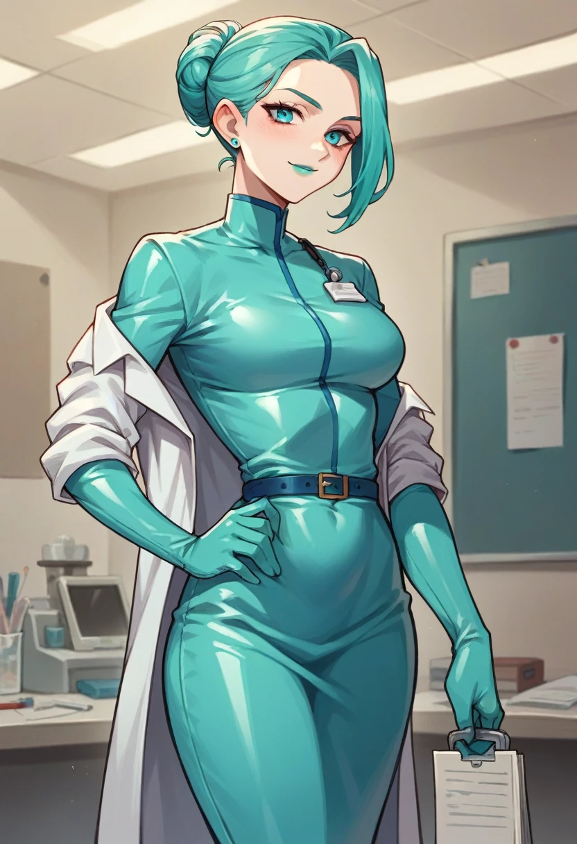 1girl, ((cyan elbow gloves)), ((surgical gloves)), ((latex gloves)), ((long sleeves)) ((blue surgeon outfit)), looking at viewer, ((doctor)), standing, solo