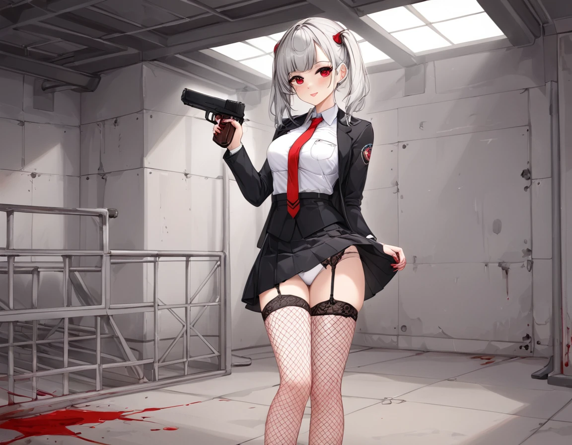 A shot that hit a gentleman in a full black suit in the head、Fresh red blood overflowing from the chest、fire a handgun、She lifts her skirt with both hands、Showing off cute white underwear.、Black garter belt、Black rough fishnet stockings、Plain white shirt with a red tie、Standing posture、Abandoned Factory