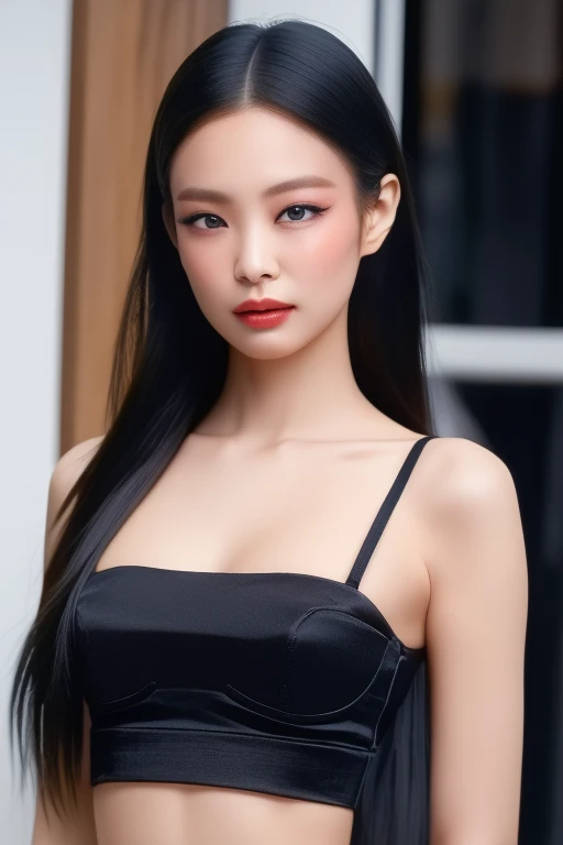 jennie1,1girl, solo, (realistic),(hyperrealism),(best quality),(masterpiece),(ultra high res),(photorealistic),(film grain),(upper body),eye makeup,detailed eyes,detailed face,black bra, midriff, posing for a photo,