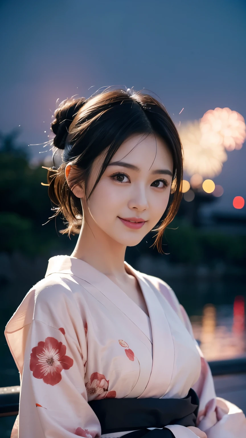 [super high quality,Masterpiece,Ultra high definition],((Japanese,woman,1 person,Super Beauty,Japanese beauty,A shy smile)),(seven-headed body,Model Body Type,Beautiful Skin,Dark brown eyes,a little sweaty),(Short Hair,Black Hair,Hair bunched),(A lustrous yukata,A yukata with a floral pattern made of pink fabric),Fan on the left,Watching fireworks in the night sky