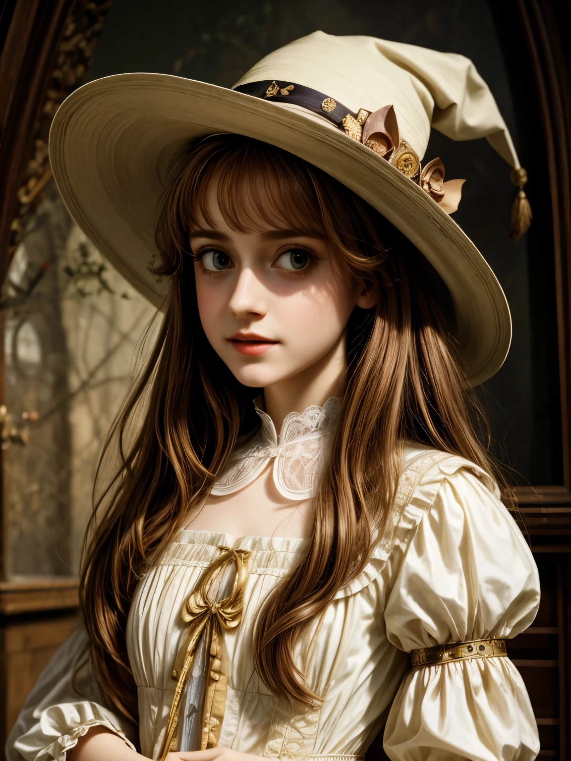À la Fed image of a girl in a white lace dress and Leonardo da Vinci notes background, stunning young ethereal figure, portrait of a magical girl, portrait of a young witch girl, girl in steampunk clothes, musician girl in lace clothes, Natalia Dyer, Daphne Keen, portrait of a young witch, a girl with magical powers, inspired by Irakli Nadar, Inspired by William Mustoster Lockhart, top quality, detail, detail, masterpiece, high image quality