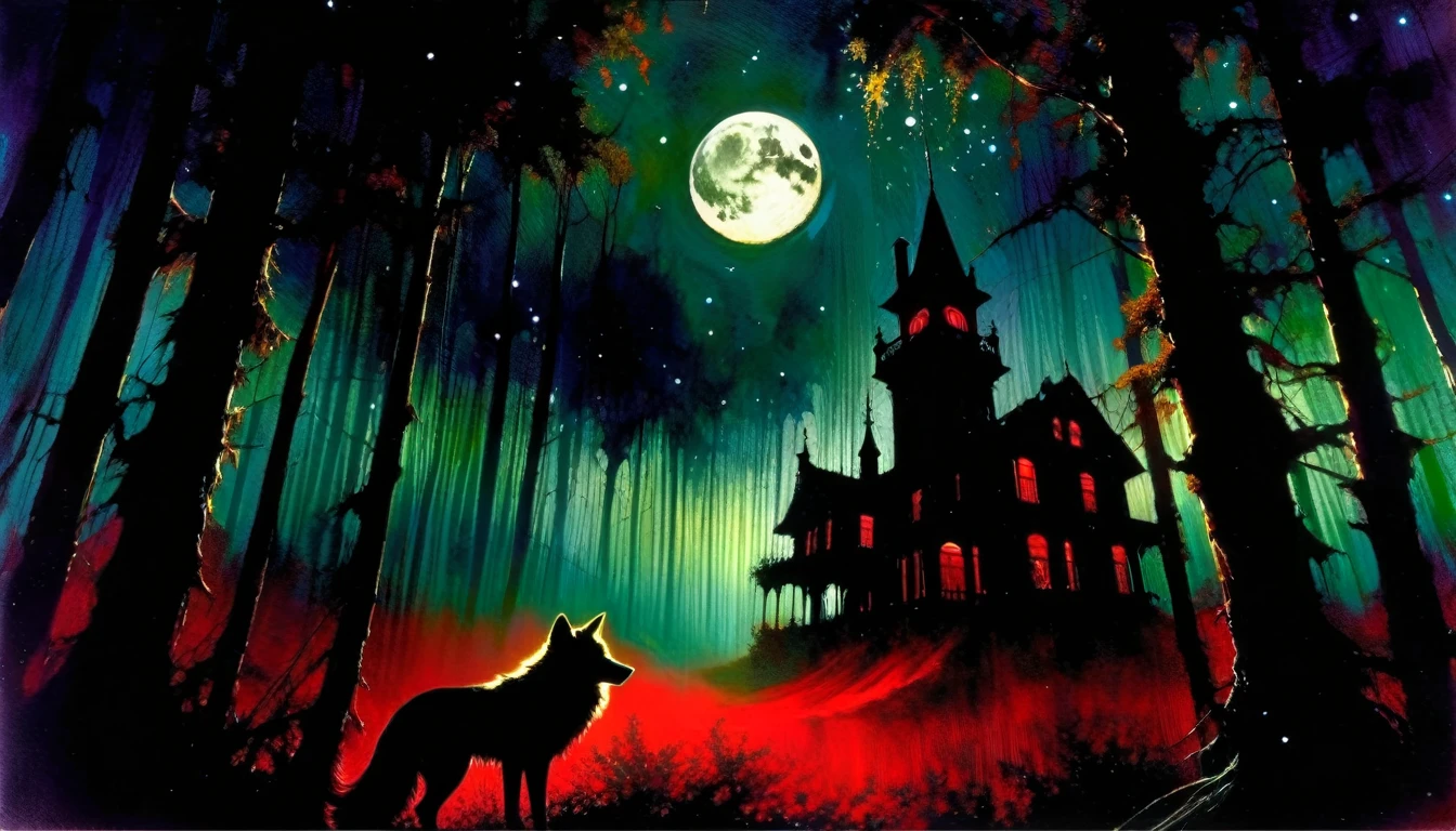 a decaying abandoned mansion in a lush overgrown forest, full moon glowing red in a dark night sky, shadowy wolf silhouettes prowling through the scene, twinkling stars, (best quality, 4k, 8k, highres, masterpiece:1.2), ultra-detailed,(realistic, photorealistic, photo-realistic:1.37), oil painting, intricate brushstrokes, dramatic lighting, dark moody atmosphere, chiaroscuro, Bill Sienkiewicz inspired art