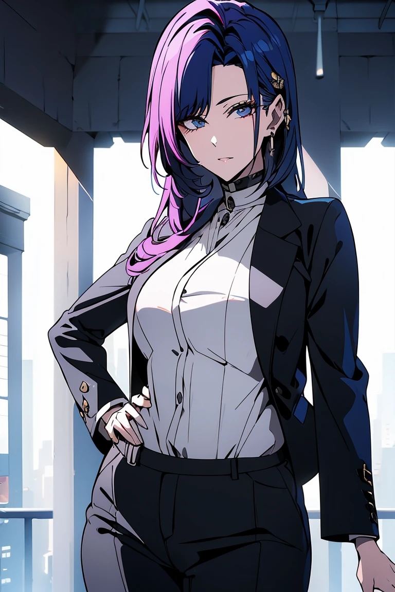 A high resolution, ultra detailed, HDR, masterpiece, very detailed face and eyes, confident expression, young woman, business style, trousers, hair with dark roots transitioning to blue tips, 18 years, Squint