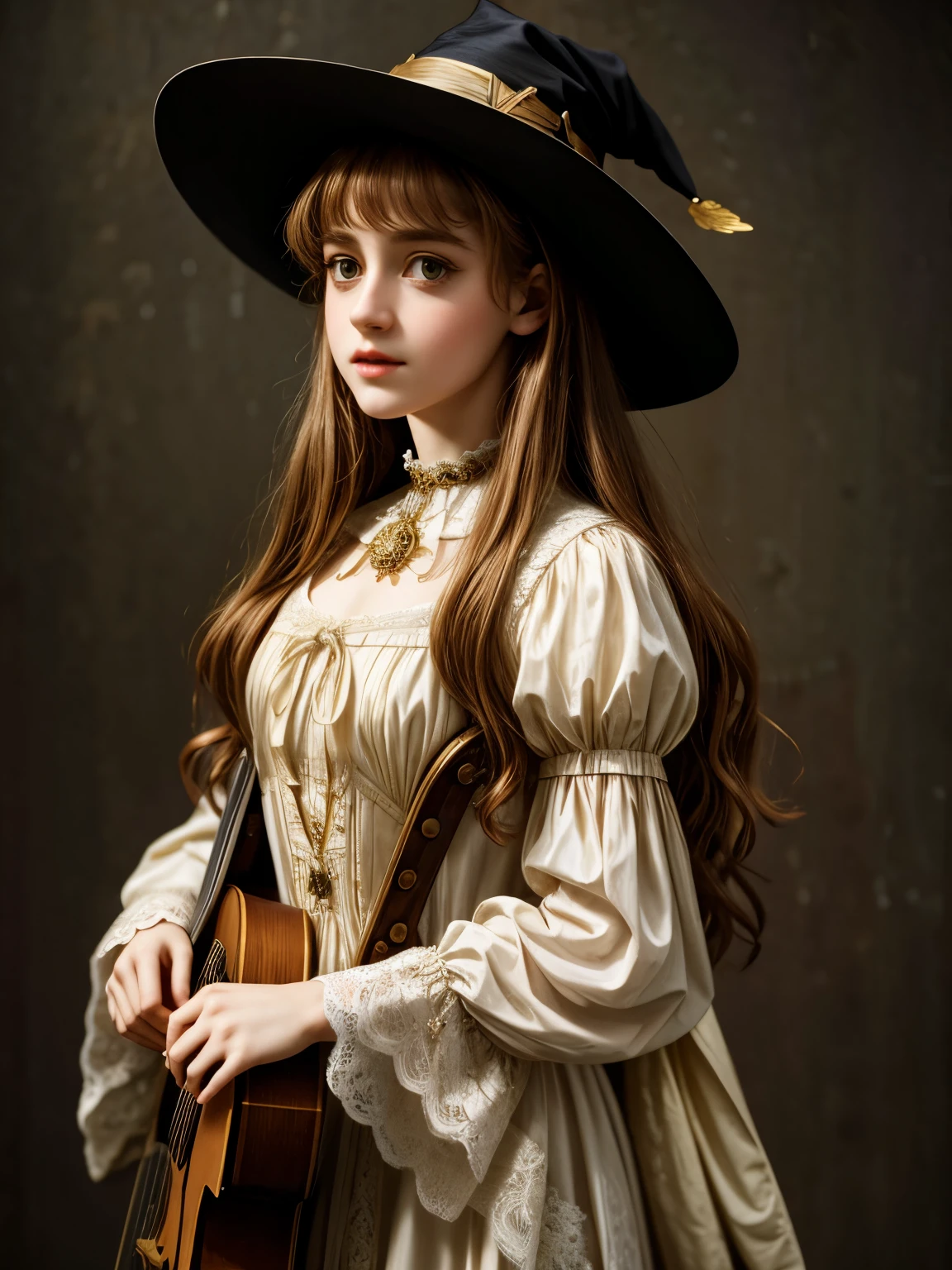 À la Fed image of a girl in a white lace dress and Leonardo da Vinci notes background, stunning young ethereal figure, portrait of a magical girl, portrait of a young witch girl, girl in steampunk clothes, musician girl in lace clothes, Natalia Dyer, Daphne Keen, portrait of a young witch, a girl with magical powers, inspired by Irakli Nadar, Inspired by William Mustoster Lockhart, top quality, detail, detail, masterpiece, high image quality