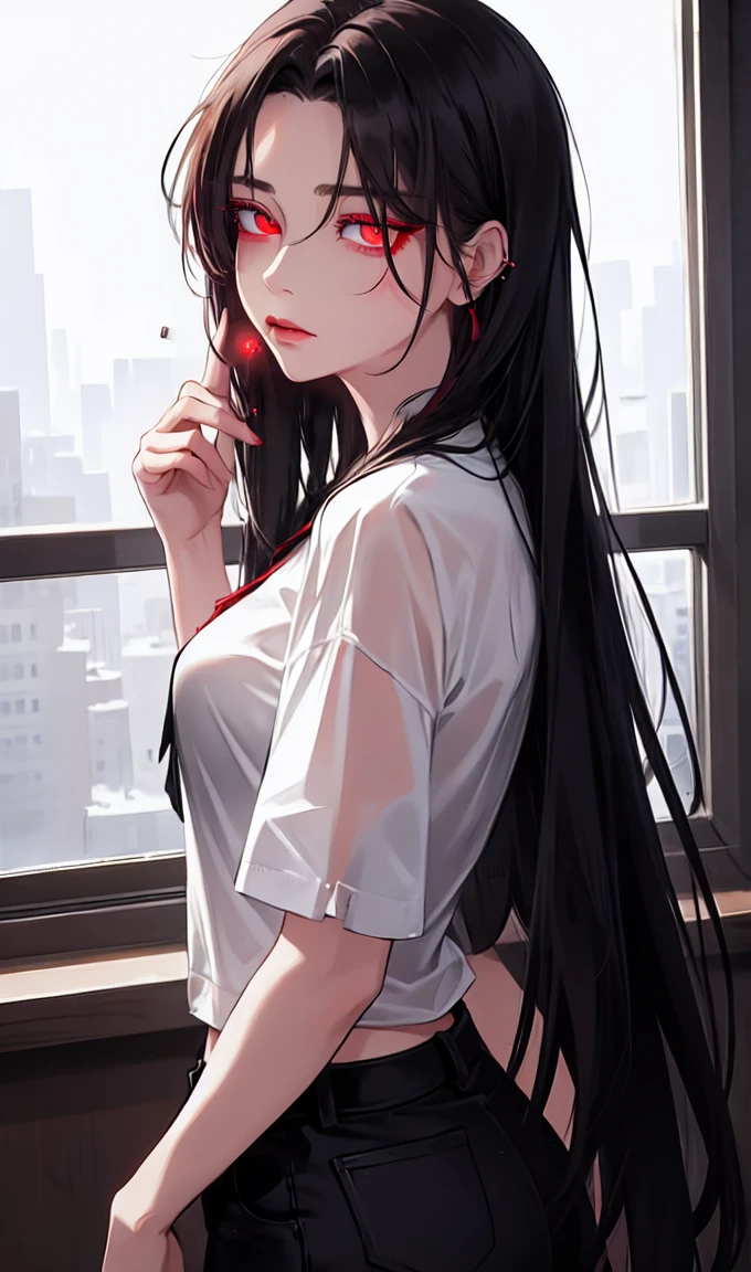 1girl, earrings, solo,lips, female focus, red eyes, looking at viewer, black hair, long hair, closed mouth, Cigarette in the mouth
