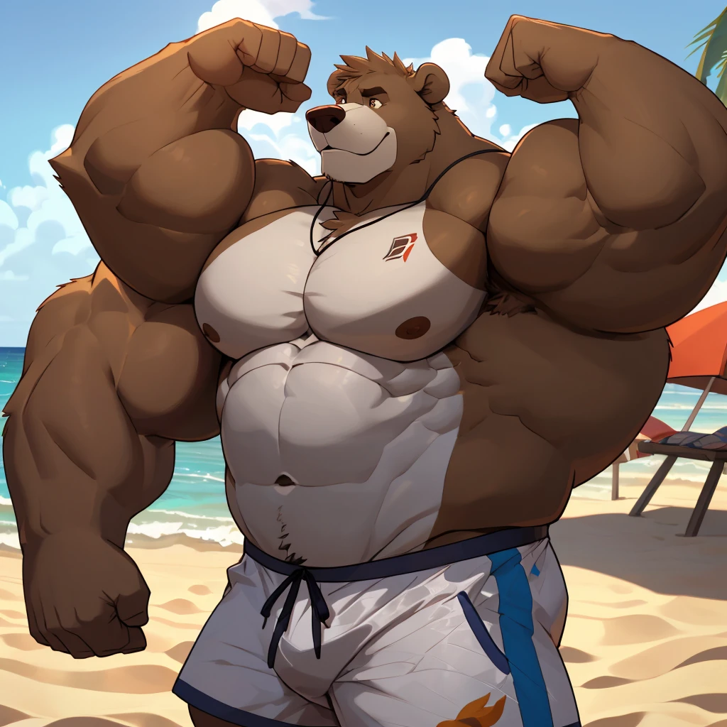 solo, 1boy, beach, size different, extremely huge muscular, massive muscular, Baloo, jungle book, grizzly bear, full-body, well-muscled bring shirtless in a black swim trunk shorts in beach. Flexing his arms. ((extremely muscle size, super thick arms, huge bidy, thick brown fur, extremely wide body and shoulder , huge arms)). and add details to make it attractive and interesting. Add textures and details to make the image more realistic, such as the appearance of the shirt texture and the appearance of the skin. Make sure the resulting image is high resolution, 8K quality.", simple background, masterpiece, high detailed, 8k, high resolution