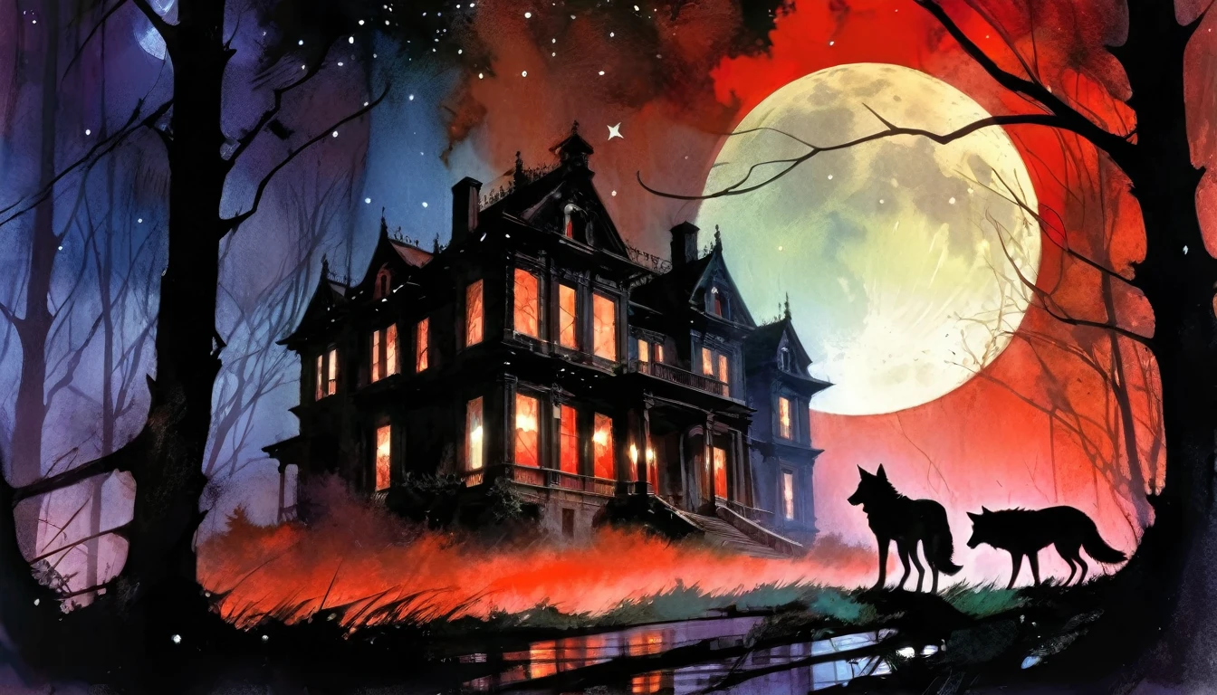 a decaying abandoned mansion in a lush overgrown forest, full moon glowing red in a dark night sky, shadowy wolf silhouettes prowling through the scene, twinkling stars, (best quality, 4k, 8k, highres, masterpiece:1.2), ultra-detailed,(realistic, photorealistic, photo-realistic:1.37), oil painting, intricate brushstrokes, dramatic lighting, dark moody atmosphere, chiaroscuro, Bill Sienkiewicz inspired art
