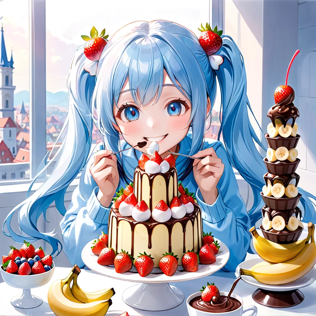 Light blue long hair、Beautiful girl with twin tails、Enjoying a large chocolate fondue tower、Bright smile、marshmallow、banana、strawberry