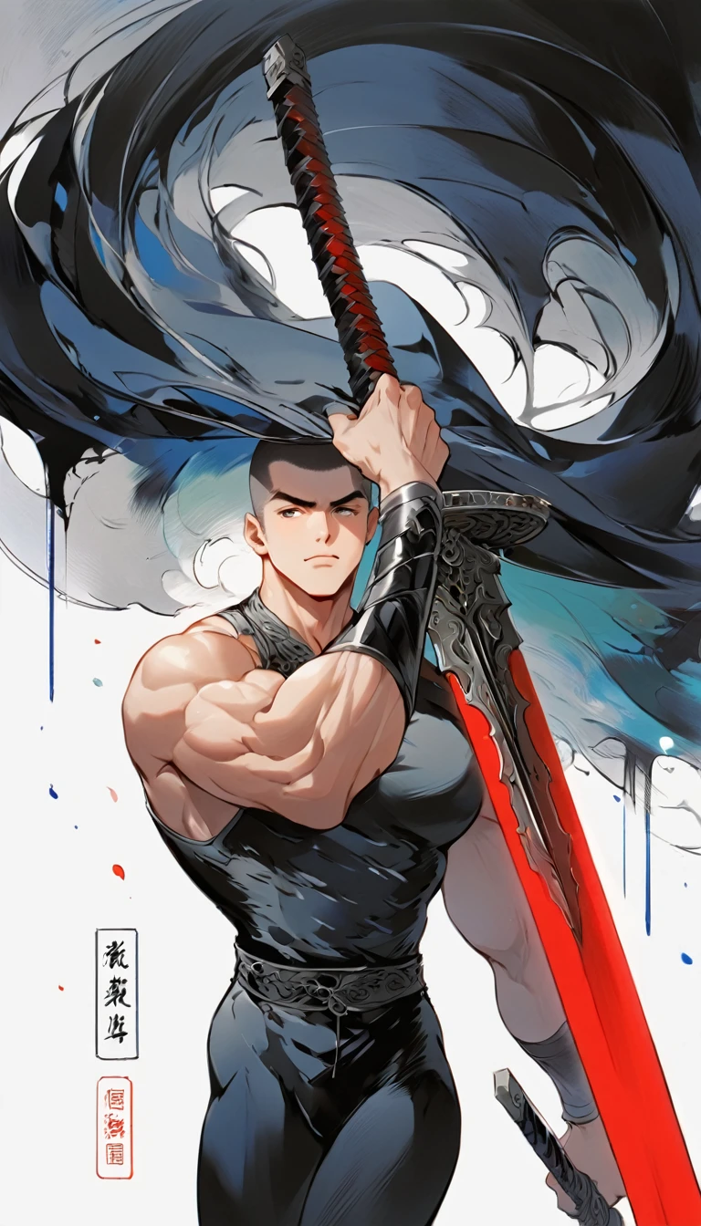 Chinese swordsman，Male swordsman，muscular，Short curly hair，Buzz Cut，Cover your eyes with a black cloth，Explosive muscles，Black spandex tights，Handsome，perfect pupils，Simple lines，Abstract Art，Holding a red long sword，