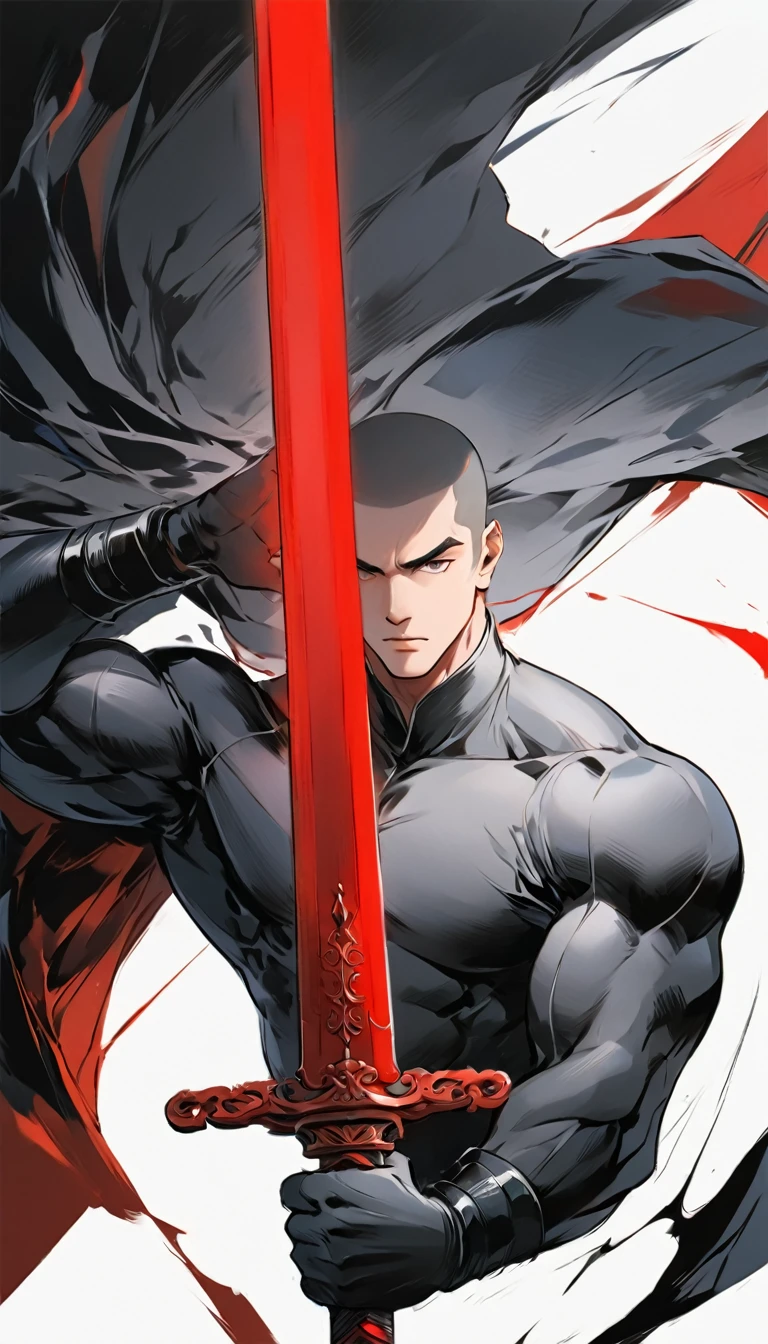 Chinese swordsman，Male swordsman，muscular，Short curly hair，Buzz Cut，Cover your eyes with a black cloth，Explosive muscles，Black spandex tights，Handsome，perfect pupils，Simple lines，Abstract Art，Holding a red long sword，