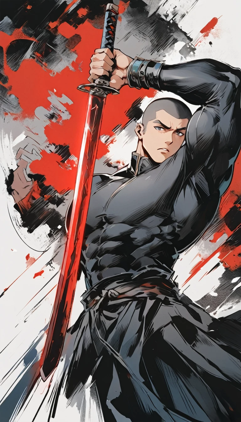 Chinese swordsman，Male swordsman，muscular，Short curly hair，Buzz Cut，Cover your eyes with a black cloth，Explosive muscles，Black spandex tights，Handsome，perfect pupils，Simple lines，Abstract Art，Holding a red long sword，