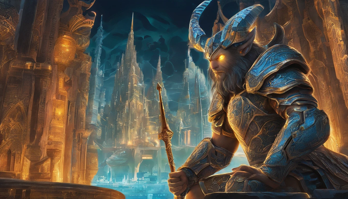 Ancient anime style, artbook, comicbook, RPG, futuristic medieval, steampunk. A magical ice minotaur dwarf warrior, wearing battle armor with glowing magic markings, dynamic pose, full body, human face with glowing magical tribal tattoos with cool tones, minotaur features, metallic blue horns with glowing magic markings, minitaur tail , magical blue stone skin with glowing carved marks, glowing eyes, using a technological magic long ax with glowing magic circuits. In a metropolis of a kingdom of an ancient civilization of dwarves with advanced technology, with tall buildings with neon details, mixing technology with magical vegetation, steampunk. Wide scenery, cinematic scene with several layers of depth, dynamics, magical lighting.