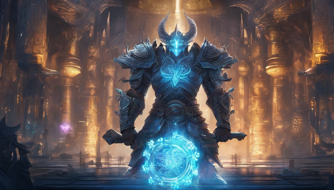 Ancient anime style, artbook, comicbook, RPG, futuristic medieval, steampunk. A magical ice minotaur dwarf warrior, wearing battle armor with glowing magic markings, dynamic pose, full body, human face with glowing magical tribal tattoos with cool tones, minotaur features, metallic blue horns with glowing magic markings, minitaur tail , magical blue stone skin with glowing carved marks, glowing eyes, using a technological magic long ax with glowing magic circuits. In a metropolis of a kingdom of an ancient civilization of dwarves with advanced technology, with tall buildings with neon details, mixing technology with magical vegetation, steampunk. Wide scenery, cinematic scene with several layers of depth, dynamics, magical lighting.