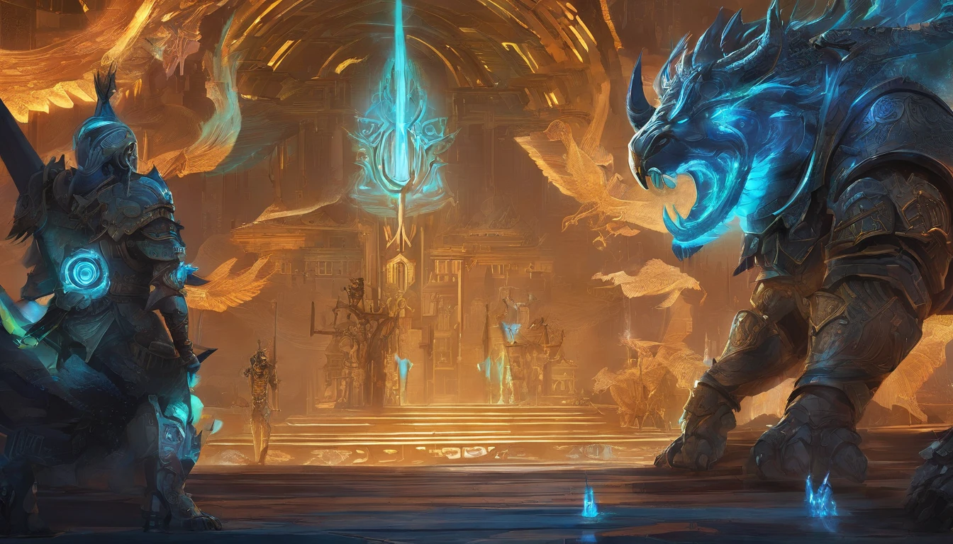 Ancient anime style, artbook, comicbook, RPG, futuristic medieval, steampunk. A magical ice minotaur dwarf warrior, wearing battle armor with glowing magic markings, dynamic pose, full body, human face with glowing magical tribal tattoos with cool tones, minotaur features, metallic blue horns with glowing magic markings, minitaur tail , magical blue stone skin with glowing carved marks, glowing eyes, using a technological magic long ax with glowing magic circuits. In a metropolis of a kingdom of an ancient civilization of dwarves with advanced technology, with tall buildings with neon details, mixing technology with magical vegetation, steampunk. Wide scenery, cinematic scene with several layers of depth, dynamics, magical lighting.