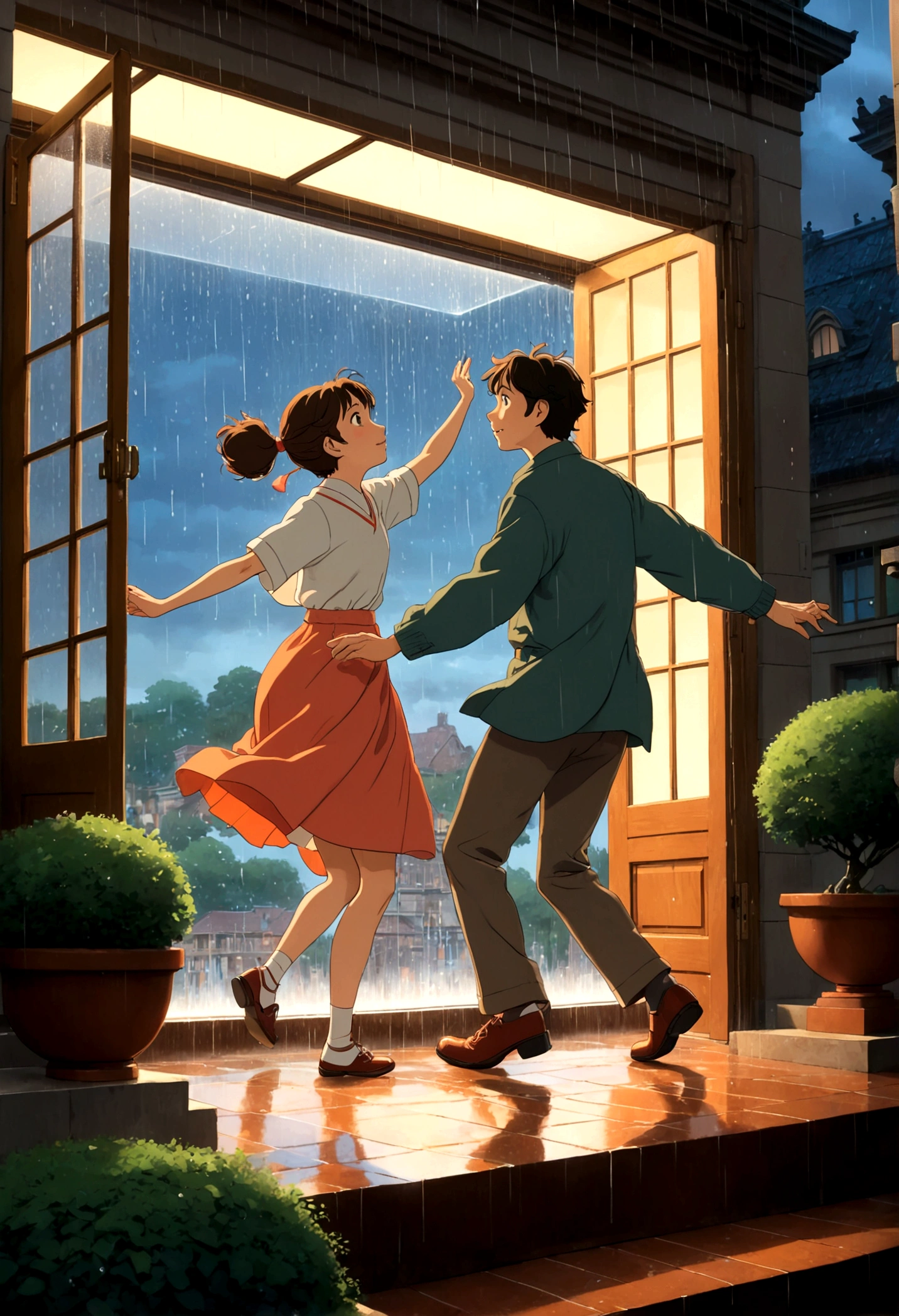 (Ghibli style, Dancing in the Rain), A couple is dancing on the steps outside the library, wearing comfortable dance clothes. Raindrops slide down the window, forming a beautiful pattern. The background is the quiet library, and the lights spill out from the window, creating a warm scene, full body, (anime style illustration), panoramic view, award-winning, cinematic still, emotional, vignette, dynamic, vivid, (masterpiece, best quality, Professional, perfect composition, very aesthetic, absurdres, ultra-detailed, intricate details:1.3)