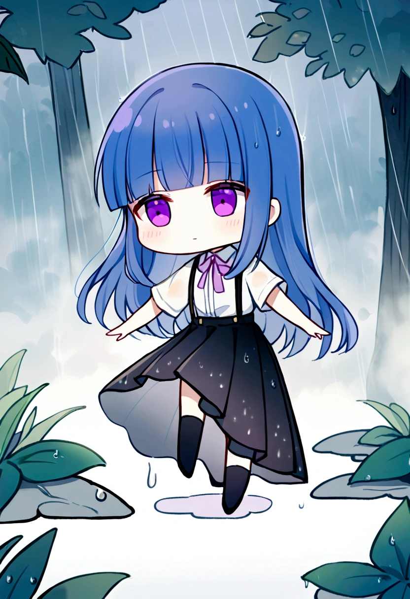 1 Girl, alone, Blue Hair, Purple eyes, Long Hair, blunt bangs, bangs, chibi, White shirt, Pink Ribbon, suspenders, Black Skirt, nature, forest, (rain), wood々, Wet leaves, Girl, (dance), (rotate), Floral Pattern, flowering, natureとの調和, Soft Light, fog, grace, mysterious, dream, romantic, (rain滴)