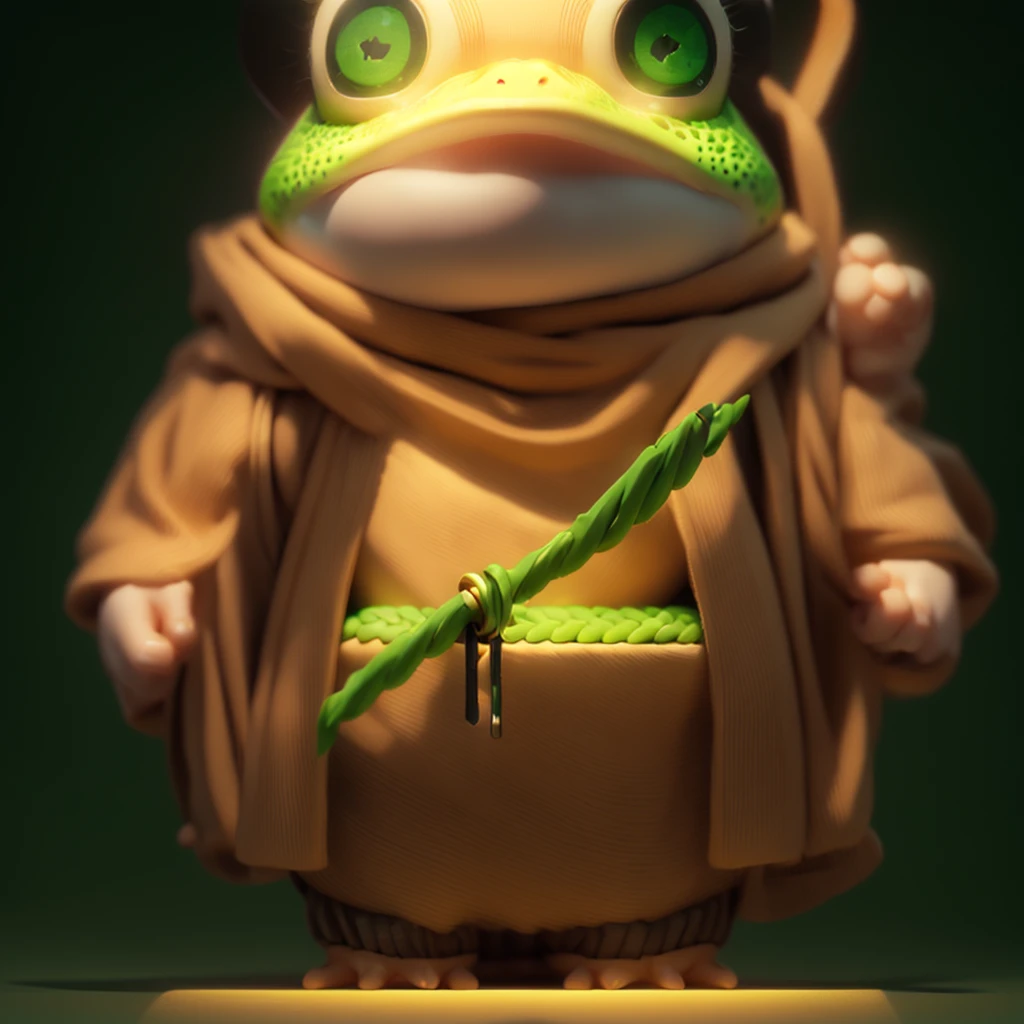 Super cute frog full body 3D image, 1pc,a frog dressed in a green robe holding a cane, solid color background, chibi, fluorescent translucency, luminous body, kawaii, doll, Reference table, blind box pop mart, Pixar, complex details, 3D rendering, mixer, OC renderer, FOL body reference sheet, Dribble, High Details, 8K, Studio Lighting, toddler, Chibi, SD characters: 23, Magic Space Warehouse background, closed hands, fist, closed hands