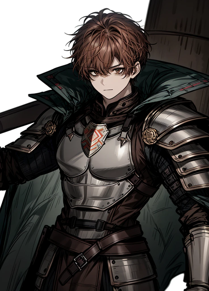 1boy, young, brown hair, leather armor, powerful warrior, nice clothes, (high resolution, high detail, best quality), giant hammer, cheerful, white background