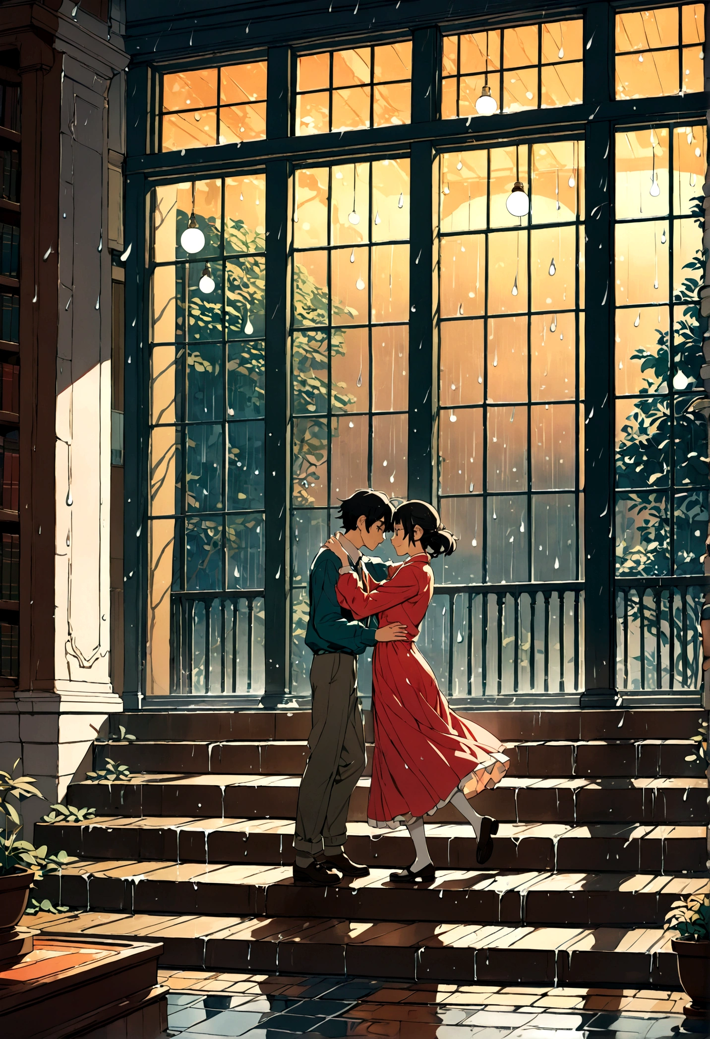 (Ghibli style, Dancing in the Rain), A couple is dancing on the steps outside the library, wearing comfortable dance clothes. Raindrops slide down the window, forming a beautiful pattern. The background is the quiet library, and the lights spill out from the window, creating a warm scene, full body, (anime style illustration), panoramic view, award-winning, cinematic still, emotional, vignette, dynamic, vivid, (masterpiece, best quality, Professional, perfect composition, very aesthetic, absurdres, ultra-detailed, intricate details:1.3)