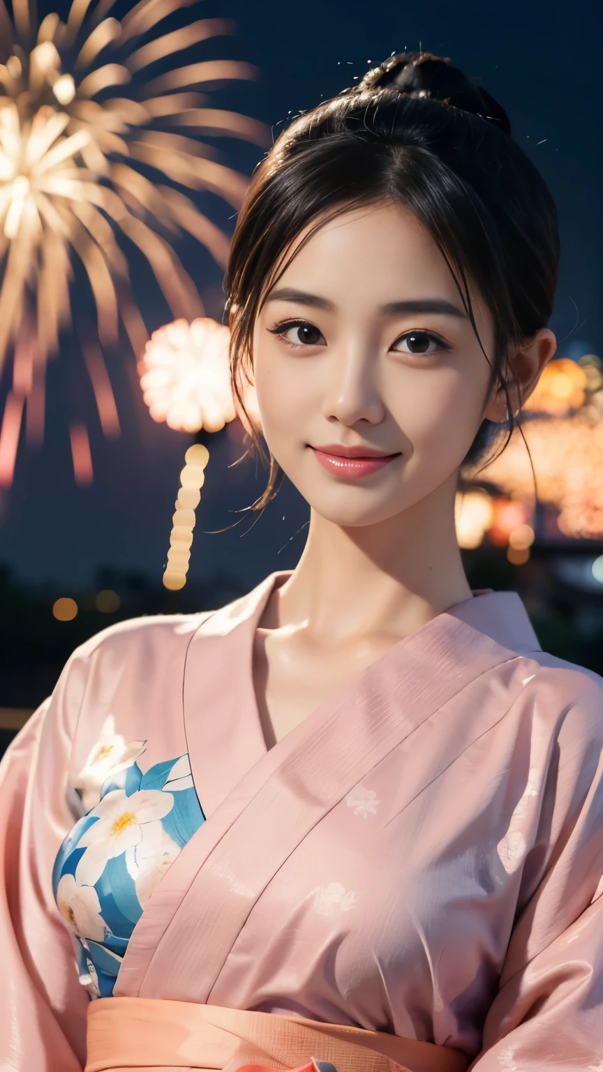 [super high quality,Masterpiece,Ultra high definition],((Japanese,woman,1 person,Super Beauty,Japanese beauty,A shy smile)),(seven-headed body,Model Body Type,Beautiful Skin,Dark brown eyes,a little sweaty),(Short Hair,Black Hair,Hair tied up),(A lustrous yukata,A light pink yukata with a floral pattern),Watching fireworks in the night sky