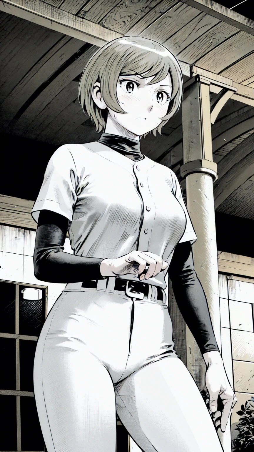 (野球uniform:1.2),
Blonde Hair, (short hair:1.2),Long sleeve, Black Shirt, turtleneck,White trousers、uniform、Black belt、((Illustration of people))、Big 、
View Audience,, (Highest quality:1.3),One Girl, White pants、uniform、Outdoor、baseball ground、ground、soil、blue eyes、Tight black shirt、(masterpiece、Highest quality)、Highest quality, Ultra-high resolution, (((masterpiece))), alone, Sweat、Big eyes、Big Breasts、One Girl, Front view、Embarrassed face、Bronze colored hair、((short hair))、Stand up straight