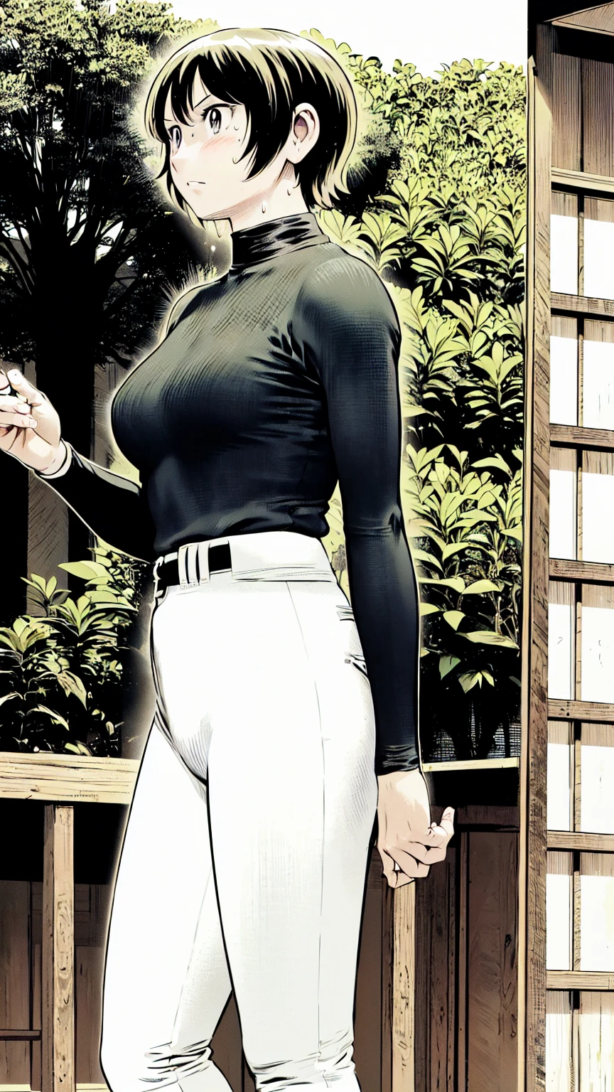 (野球uniform:1.2),
Blonde Hair, (short hair:1.2),Long sleeve, Black Shirt, turtleneck,White trousers、uniform、Black belt、((Illustration of people))、Big 、
View Audience,, (Highest quality:1.3),One Girl, White pants、uniform、Outdoor、baseball ground、ground、soil、blue eyes、Tight black shirt、(masterpiece、Highest quality)、Highest quality, Ultra-high resolution, (((masterpiece))), alone, Sweat、Big eyes、Big Breasts、One Girl, Front view、Embarrassed face、Bronze colored hair、((short hair))、Stand up straight