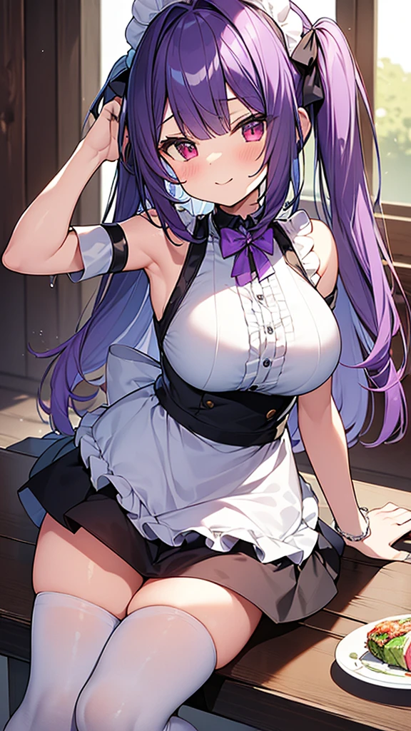 最high quality, high quality, Super detailed, 32k, Ultra-detailed details, Sister and maid, ( 立ってる, pretty girl, beautiful purple hair, ショートヘア, Beautiful RED eyes, Big Breasts, A light smile, Red eyes, Off-the-shoulder sleeveless Summer clothes, Summer casual maid clothes, Short skirt, Blue and white color striped underwear, Black knee socks, My crotch is wet with love juice, 18-year-old,cute), {{The succubus peels the skin off her sister's face, sticks it on her face, and seduces her by dressing her as a maid.}}, She has transformed from a shy maid into a lewd one., A maid with her sister's face stuck on her face is vigorously pistoning her body, A maid who moves her body vigorously without caring if her breasts bounce, Super detailed, Detailed sister photosが見える, Full body image, 頭からつま先まで, NSFW