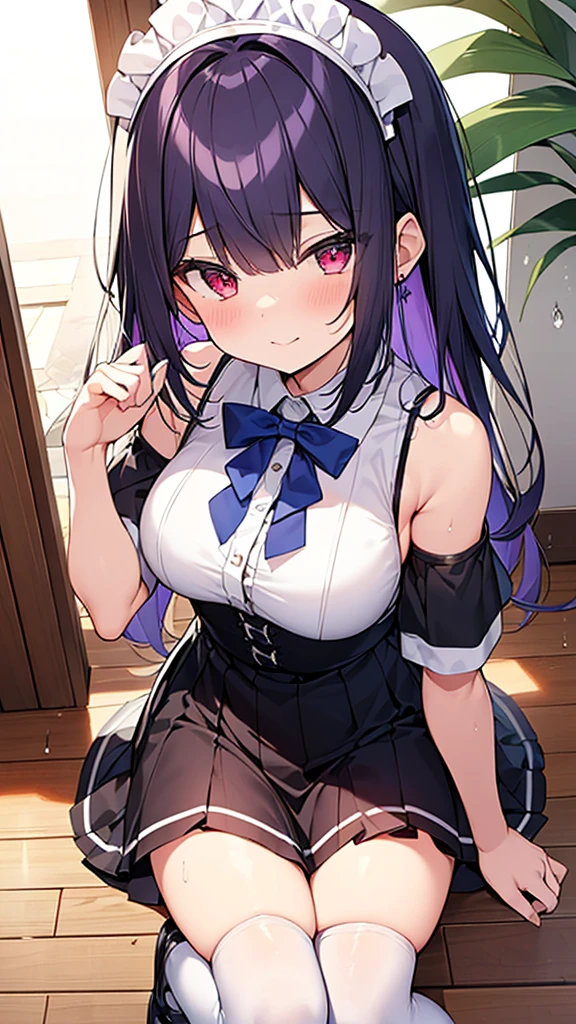 最high quality, high quality, Super detailed, 32k, Ultra-detailed details, Sister and maid, ( 立ってる, pretty girl, beautiful purple hair, ショートヘア, Beautiful RED eyes, Big Breasts, A light smile, Red eyes, Off-the-shoulder sleeveless Summer clothes, Summer casual maid clothes, Short skirt, Blue and white color striped underwear, Black knee socks, My crotch is wet with love juice, 18-year-old,cute), {{The succubus peels the skin off her sister&#39;s face, sticks it on her face, and seduces her by dressing her as a maid.}}, She has transformed from a shy maid into a lewd one., A maid with her sister&#39;s face stuck on her face is vigorously pistoning her body, A maid who moves her body vigorously without caring if her breasts bounce, Super detailed, Detailed sister photosが見える, Full body image, 頭からつま先まで, NSFW