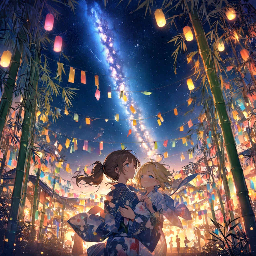 Highest quality, masterpiece, The girl who grants wishes,blonde,blue eyes,Double exposure, The best smile, Look up at the sky, yukata, milky way, Night view, Tanabata Festival, Large bamboo and colorful hanging ornaments,Golden light particle effect、Japanese Events、Tanabata decoration、Bamboo、wish、ponytail、Brown Hair、Blue eyes