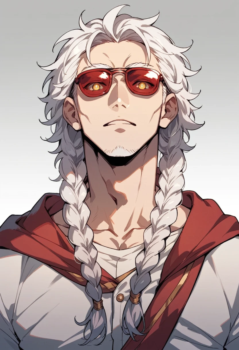 Concept ART ,human Male ,red Sunglasses , white hair,long braided , yellow pupils