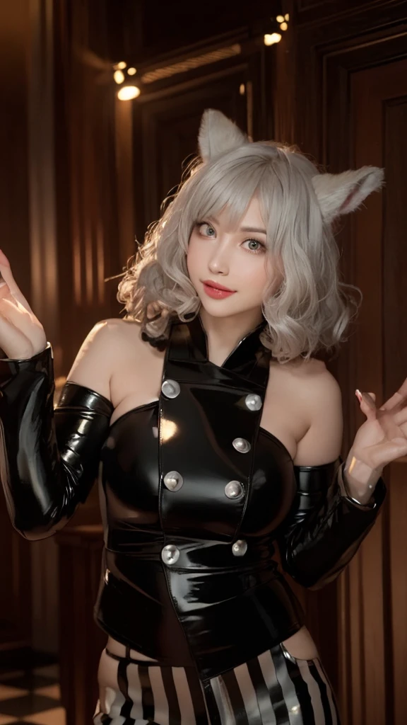 (Sensual, Curvy Women!):1.4. Please stop, Aaron.. Body size is 100-70-90! beautiful round face, Long Hair, Silver Hair, bangs, her wide, Heart shaped lips curled up, A light smile, Showing teeth. Beautiful and seductive eyes, Wink. She is wearing a black latex dress. Private atmosphere. night. dark. Realistic, masterpiece, Soft Light, 8K. Tania Ussileger.