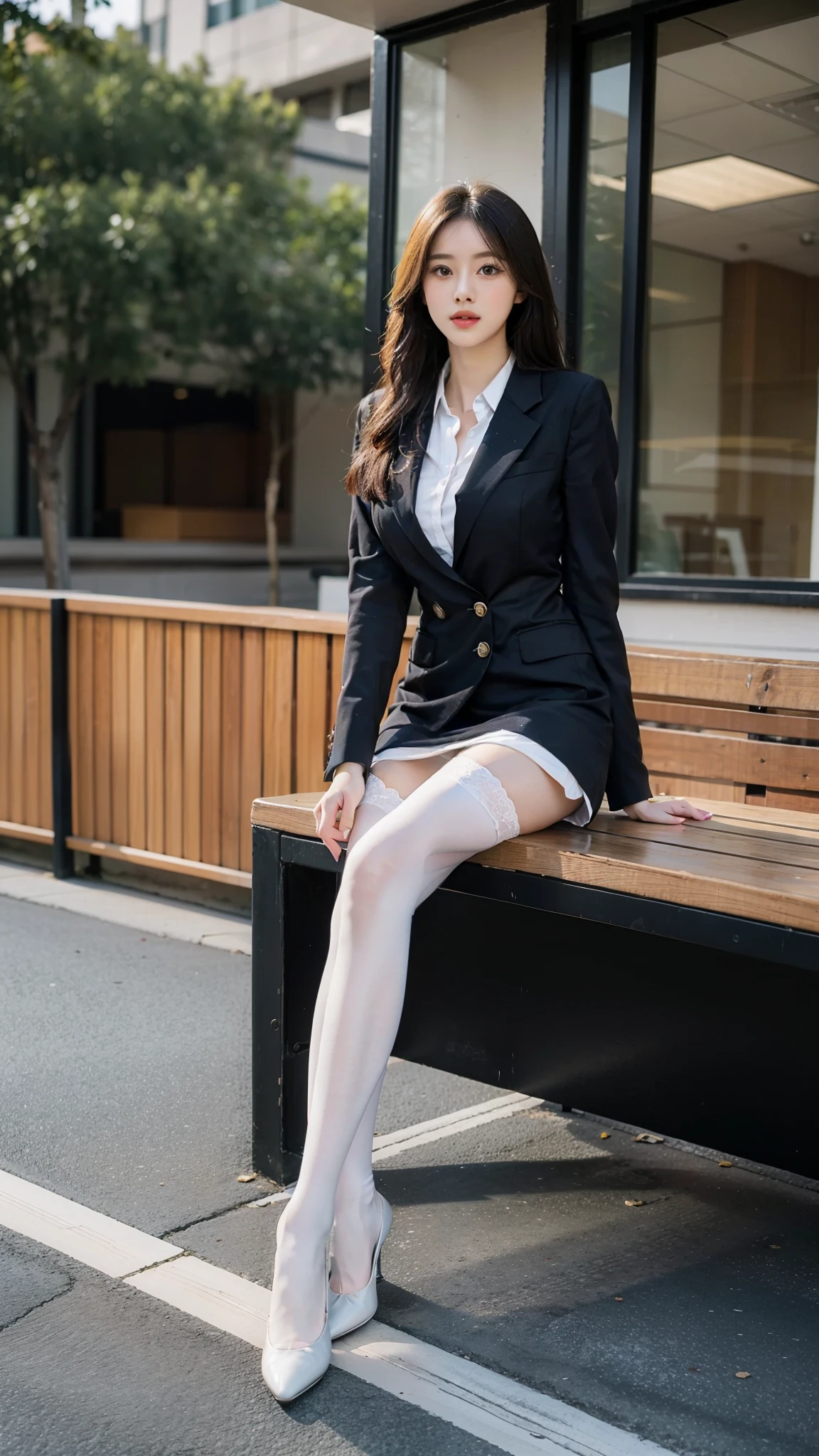 best qualtiy, Full body like,Refined face,A pair of smart eyes,pretty face,25 years old woman,slimfigure,Larger bust,office lady uniform,Office wear,white stockings,Outdoor scene,Sit Pose,yellow long hair