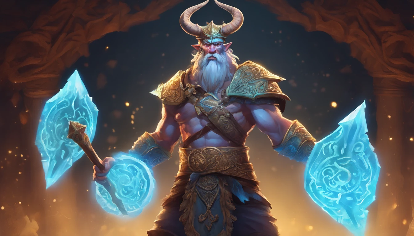 Ancient anime style, artbook, comicbook, RPG, futuristic medieval, steampunk. A magical ice minotaur dwarf warrior, wearing battle armor with glowing magic markings, dynamic pose, full body, human face with glowing magical tribal tattoos with cool tones, minotaur features, metallic blue horns with glowing magic markings, minitaur tail , magical blue stone skin with glowing carved marks, glowing eyes, using a technological magic long ax with glowing magic circuits. In a metropolis of a kingdom of an ancient civilization of dwarves with advanced technology, with tall buildings with neon details, mixing technology with magical vegetation, steampunk. Wide scenery, cinematic scene with several layers of depth, dynamics, magical lighting.