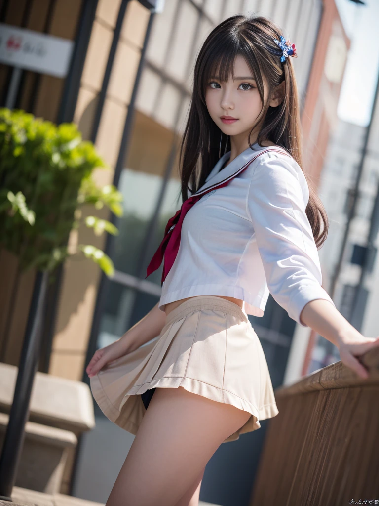 ((The model is facing right)), In the angle from below, a high school girl wearing a sailor uniform is walking with her legs wide open, (upskirt angle:1.5), white panty, 1girl, beautiful detailed eyes, beautifully detailed lips, extremely detailed eyes and face, long eyelashes, uniform, Japanese, kawaii, a young and sexy gravure idol model, surreal, realistic, photorealistic, 8k, high res, masterpiece, ultra-detailed, natural lighting, vivid colors, high school girl posing, wearing Japanese, Japanese girl, a surreal, cute high school girl, surreal, Japanese model, young and sexy gravure idol