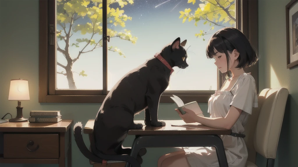 LOFI A woman is reading a book at a desk、there is a cat on the desk。Warm lighting Outside the window are stars Dress relaxed Night view in the window
