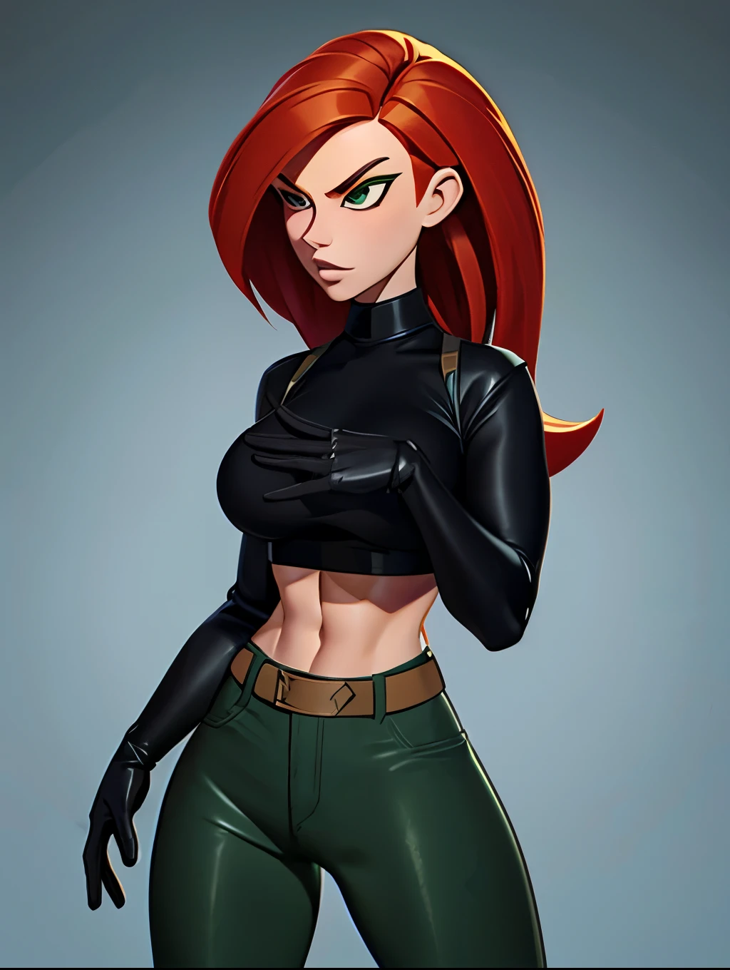 Redhead badass Kimpossible black turtleneck and green pants sexy and alluring mature woman sexy and alluring beautiful and lovely elegant spy badass and magnificent babe sparsely clothed toned abs and large breasts 