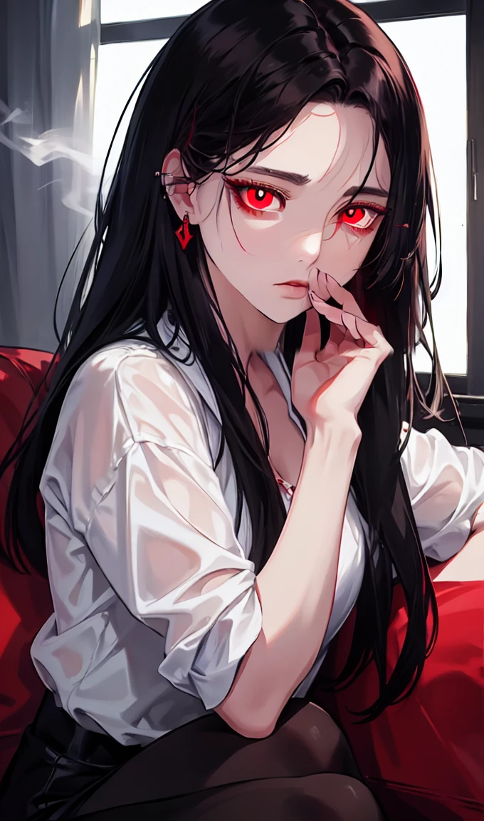 1girl, earrings, solo,lips, female focus, red eyes, looking at viewer, black hair, long hair, closed mouth, Cigarette in the mouth