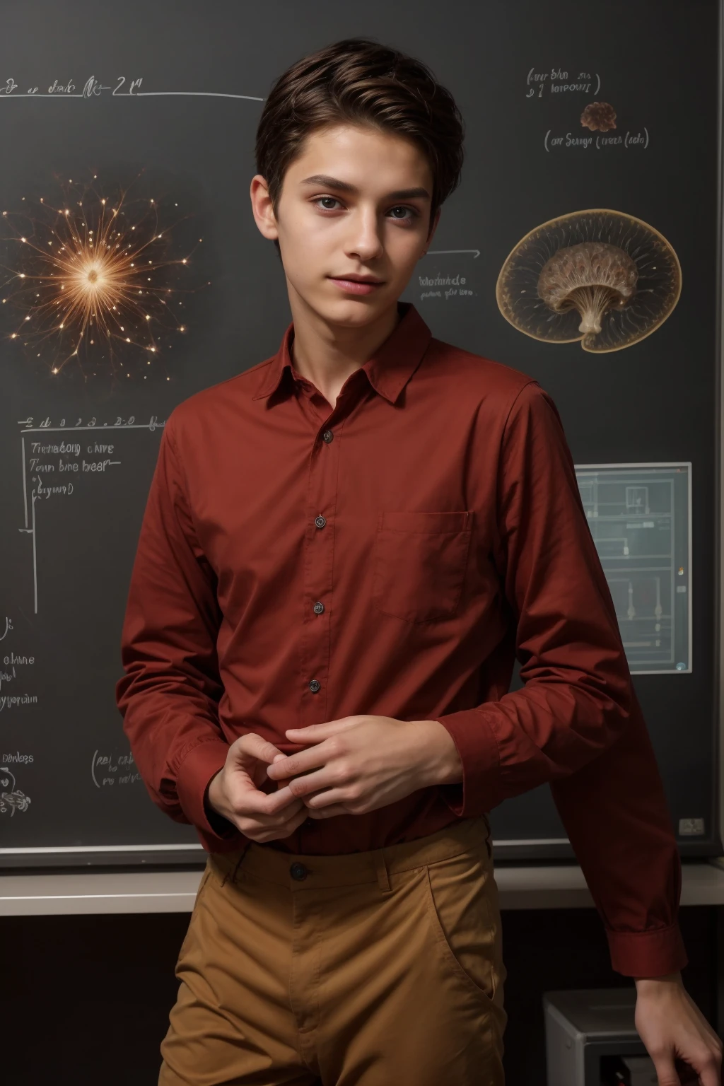 A beautiful young male twink with black hair and a face with red makeup. He is wearing a luxurious, long-sleeved, aquamarine shirt and brown pants. He is in his huge scientific office, and behind him is a blackboard on which are written the neurons and the shape of the brain and its anatomy, and he looks on proudly.