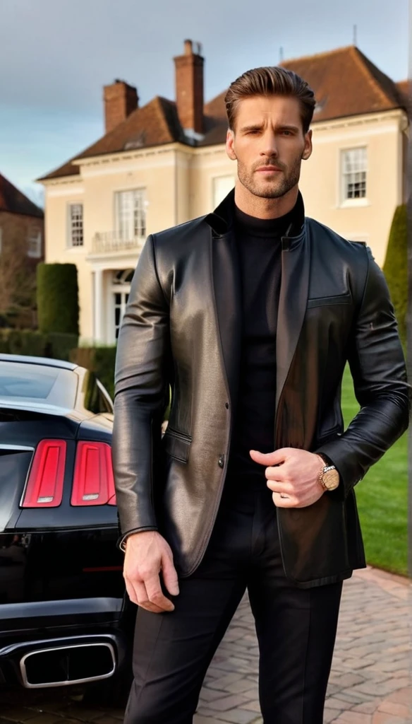 Produces a very realistic and detailed photo of a handsome, tall man wearing a black jacket and behind the man is a black luxury car and a very large and very luxurious house