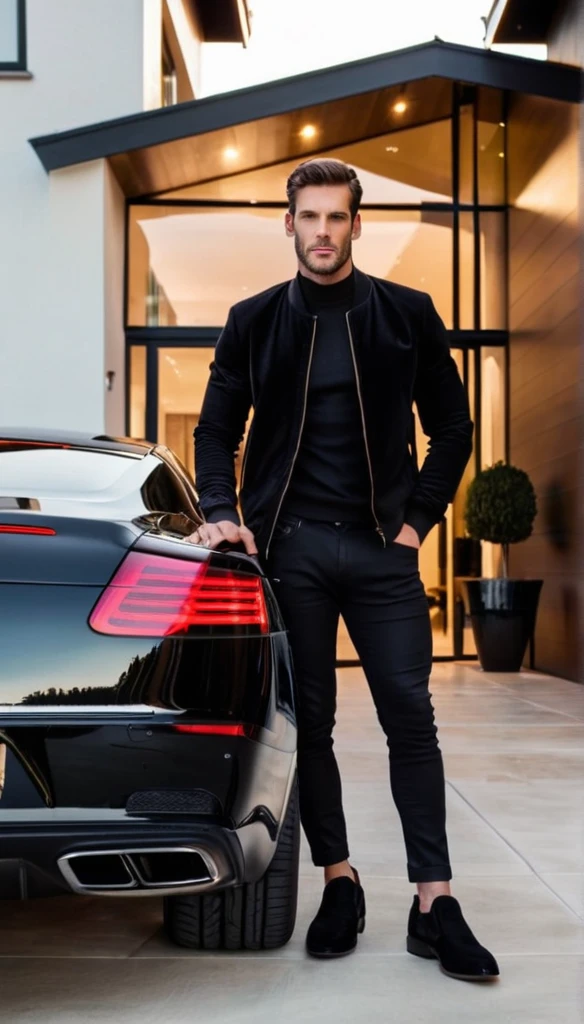Produces a very realistic and detailed photo of a handsome, tall man wearing a black jacket and behind the man is a black luxury car and a very large and very luxurious house