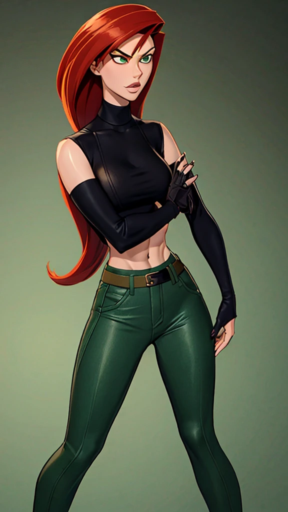 Redhead badass Kimpossible black turtleneck and green pants sexy and alluring mature woman sexy and alluring beautiful and lovely elegant spy badass and magnificent babe sparsely clothed toned abs and large breasts 