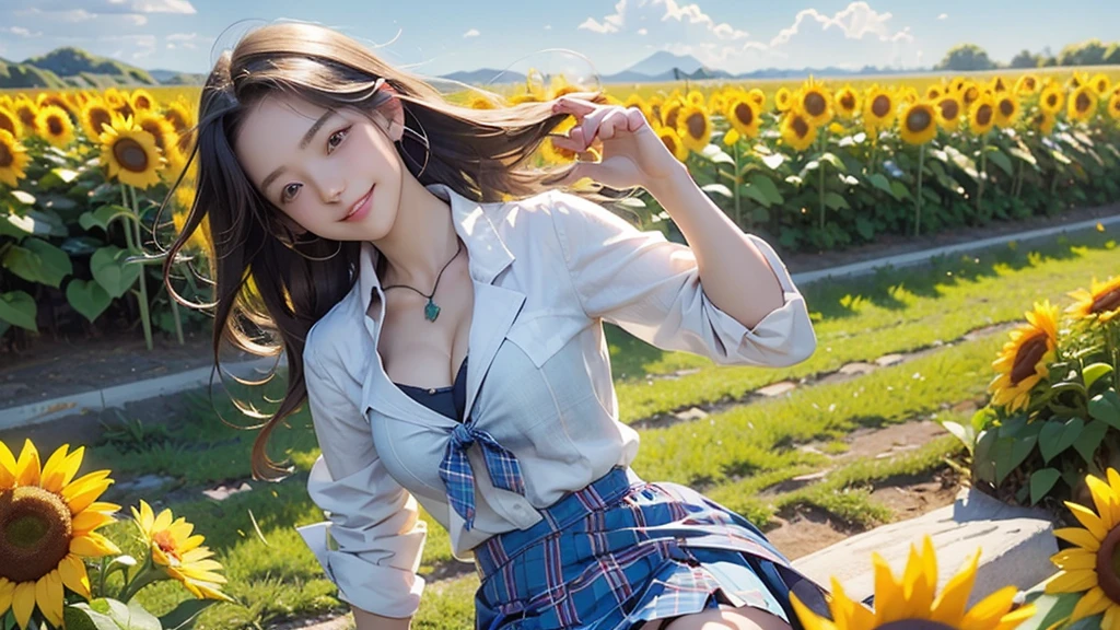 8K、RAW Photos、Highest quality、Super detailed、Super Resolution、Ultra HD、8K壁紙、Amazing details American blazer uniform girl ((White blouse with formal collar, Blue blazer, Blue plaid skirt, Red checkered ribbon on blouse)), Complete limbs, Full Finger, A large sunflower field in the countryside、Straight road、Walk through the sunflower field,smile、sun、School bag、Heart Necklace (Emphasize cleavage) (((Full body photo))) ((Blue sky))
((((Having a Starbucks Coffee))))