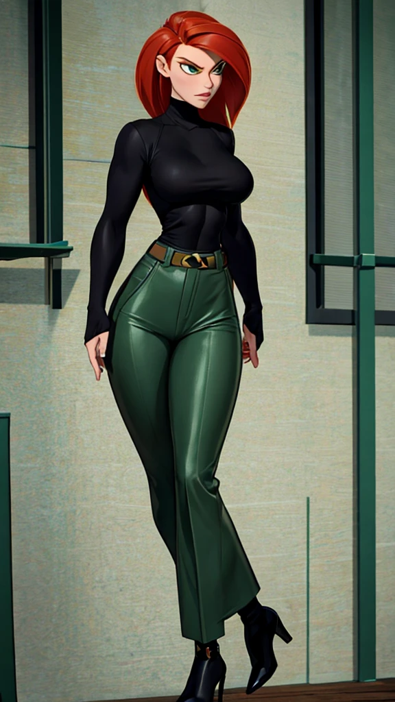 Redhead badass Kimpossible black turtleneck and green pants sexy and alluring mature woman sexy and alluring beautiful and lovely elegant spy badass and magnificent babe sparsely clothed toned abs and large breasts