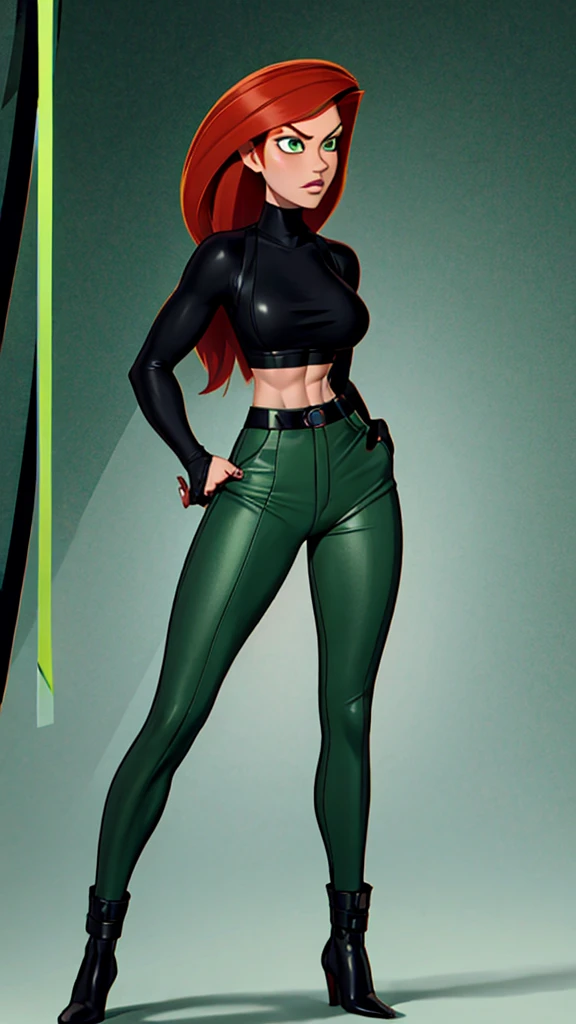 Redhead badass Kimpossible black turtleneck and green pants sexy and alluring mature woman sexy and alluring beautiful and lovely elegant spy badass and magnificent babe sparsely clothed toned abs and large breasts