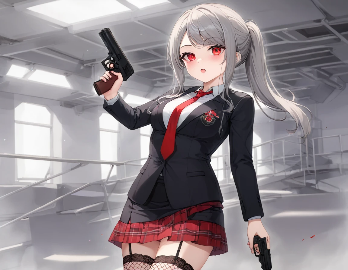 A shot fired from a pistol into the chest of a gentleman in a black suit.、A large amount of fresh red blood overflowing from the chest、fire a handgun、She lifts her skirt with both hands、Showing off cute white underwear.、Black garter belt、Black rough fishnet stockings、Plain white shirt with a red tie、Standing posture、Abandoned Factory